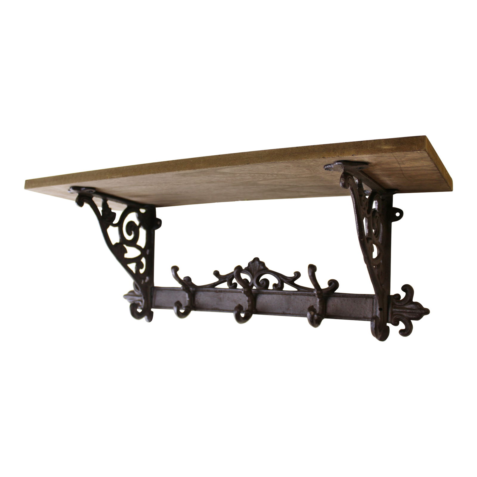 Wooden Wall Shelf with Cast Iron Coat Hooks Wooden Wall Shelf with Cast Iron Coat Hooks