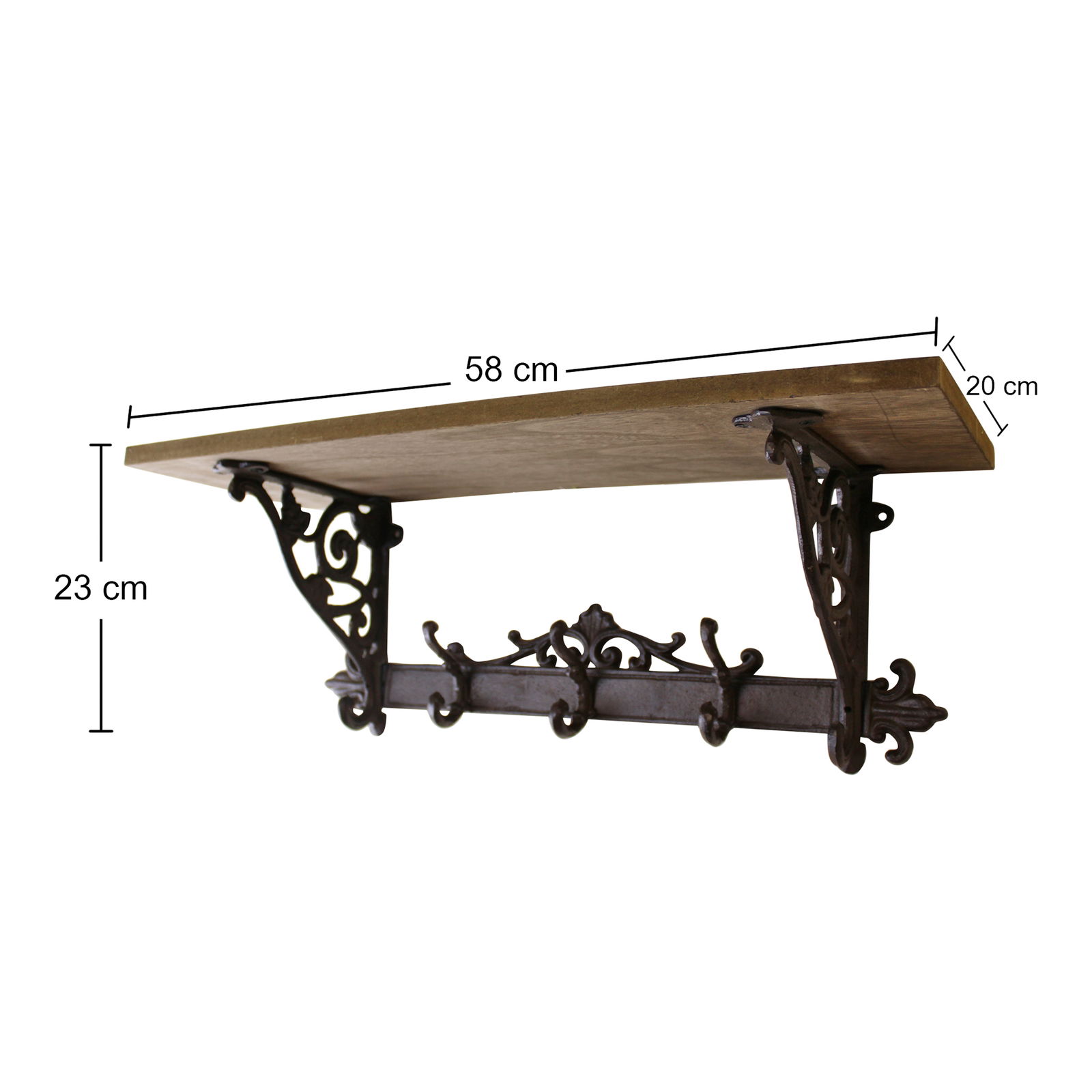 Wooden Wall Shelf with Cast Iron Coat Hooks Wooden Wall Shelf with Cast Iron Coat Hooks