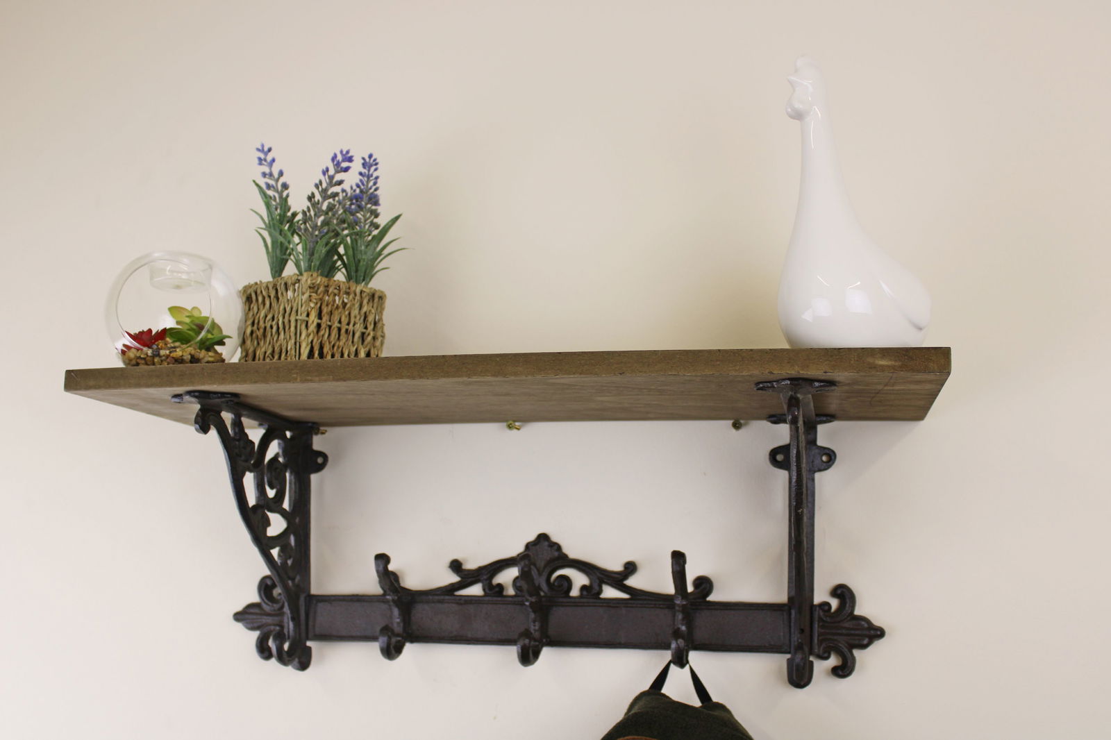 Wooden Wall Shelf with Cast Iron Coat Hooks Wooden Wall Shelf with Cast Iron Coat Hooks