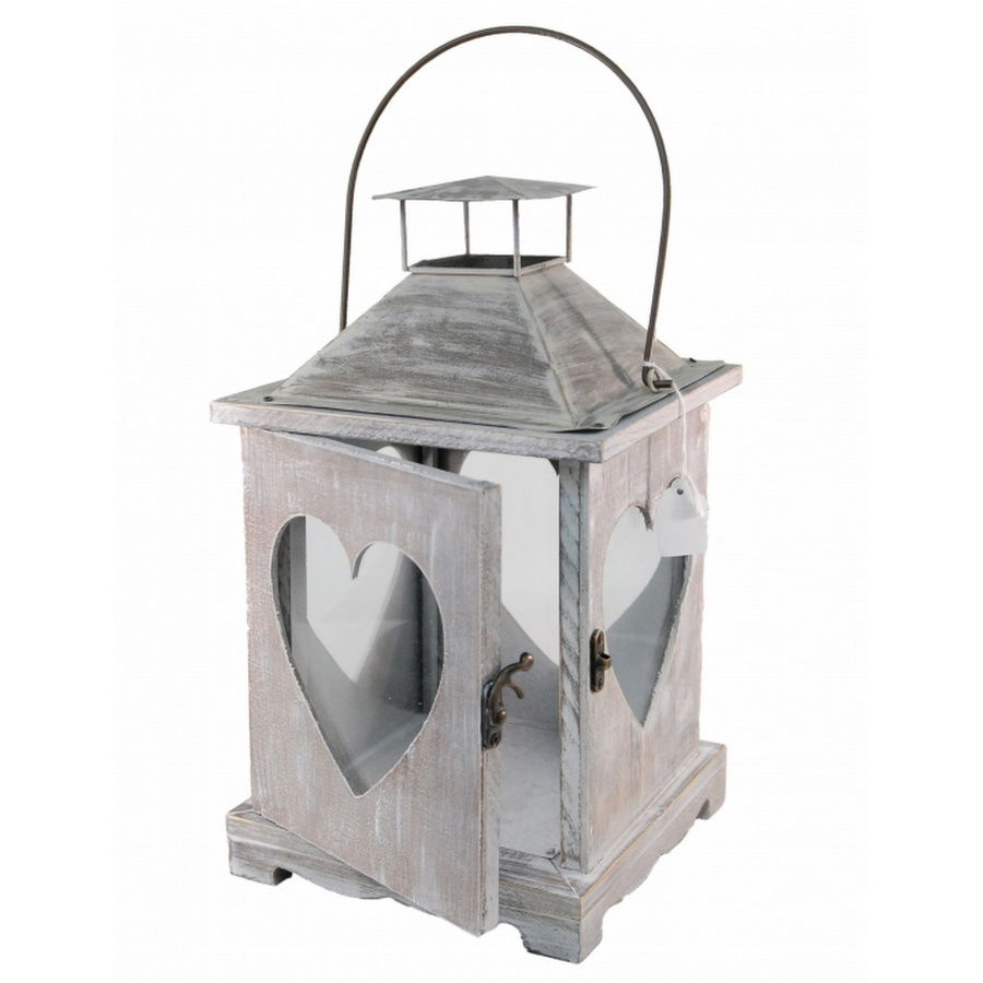 Wood Limewash Heart Lantern 34cm
