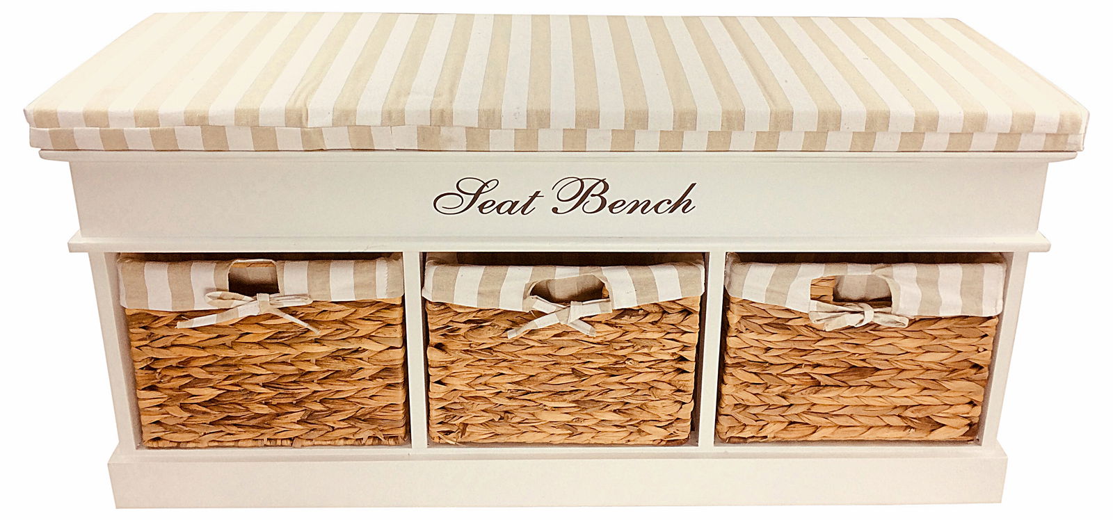 Wood Storage Bench With 3 Baskets & Cushion 105cm